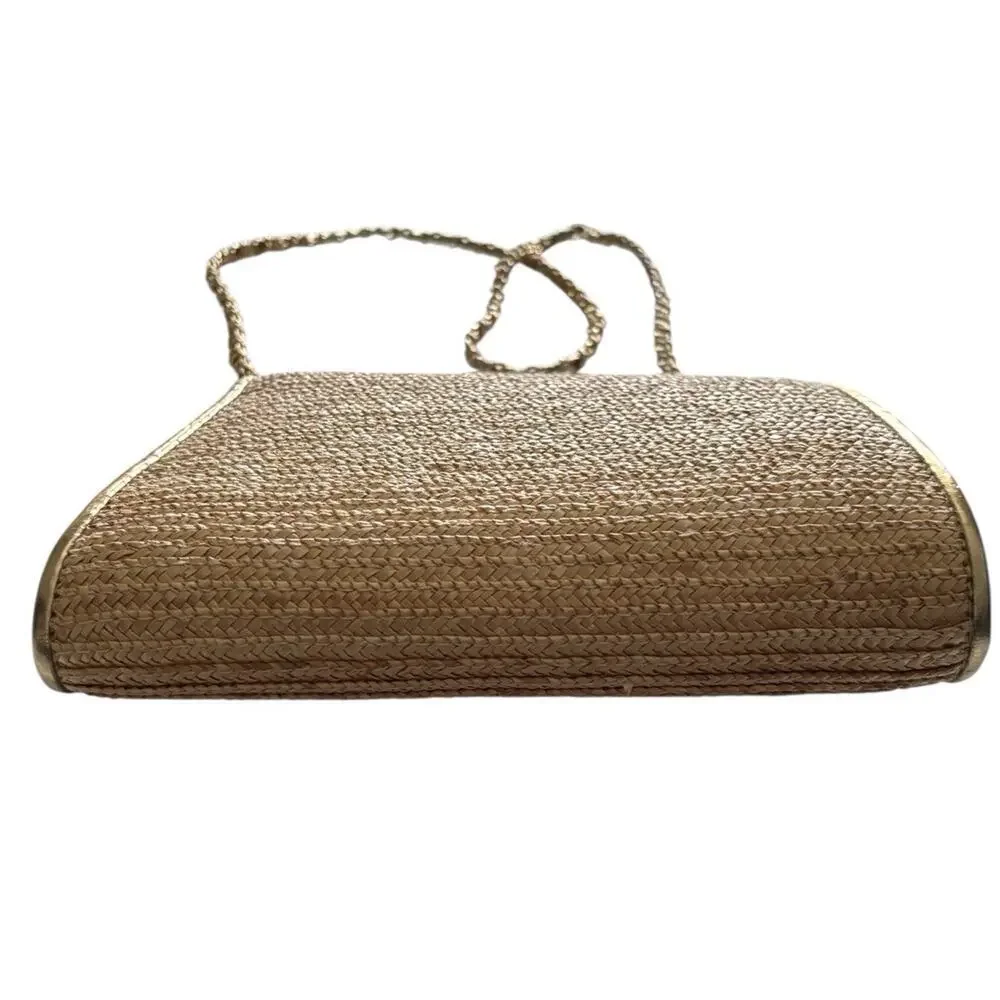 La Regale Woven Straw Grass Handbag Purse Gold Tone Hardware Vintage Chain Strap - Picture 7 of 8